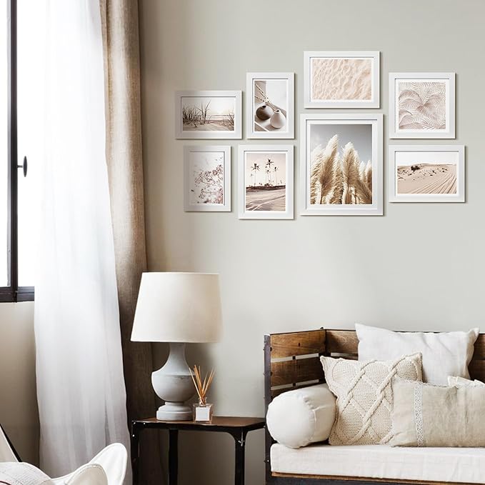 ArtbyHannah Gallery Wall Frame Set, 8 Pack Picture Frames Collage Wall Art Decor with Neutral Pampas Grass for Bedroom, Assorted Size Including 8"x10", 5"x7", 4"x6", 6"x6"(White Frame,Small)
