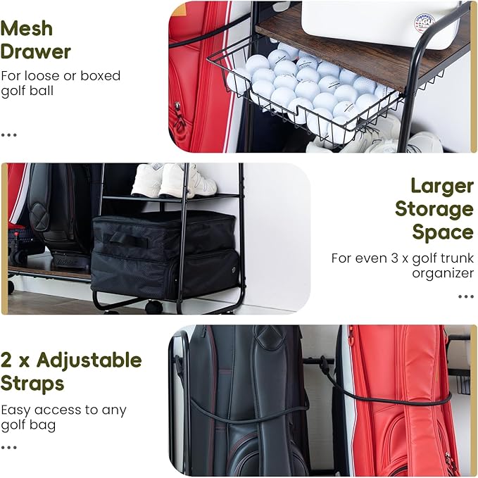 Golf Bag Storage Organizer for Garage, Large Size Adjustable Golf Bag Rack Stand with Wheels & Feet for 2 Bags, Golf Trunk Organizer, Golf Equipments Accessories, Golf Gift for Men Golfer