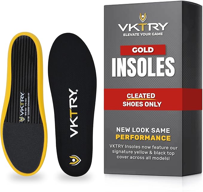 VKTRY Gold for Cleated Shoes - Carbon Fiber Performance Insoles - Customized Athletic Inserts for Soccer & Track | Shock Absorption, Run Fast, Jump High, US: Men 11-11.5, Women 13-13.5, >220 lbs