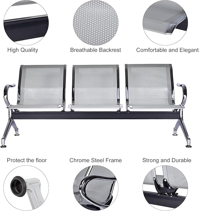 3-Seat Waiting Room Chairs - Waiting Room Bench with Arms Airport Reception Bench Guest Reception Chairs Lobby Bench Waiting Area for Airport Market Bank Hospital School Barbersho, Silver