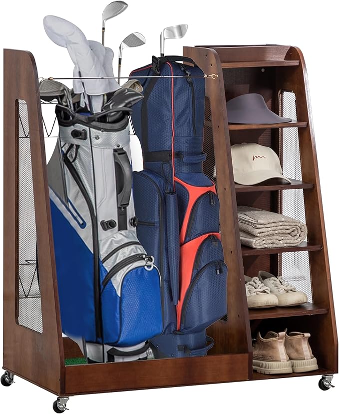 CHARMMA Golf Bag Organizer for Garage, Premium Wooden Golf Clubs Storage Rack Fit 2 Golf Bags, Golf Trunk Organizer for Car Garage Club Shed Basement,35.50x18.00x40.00in