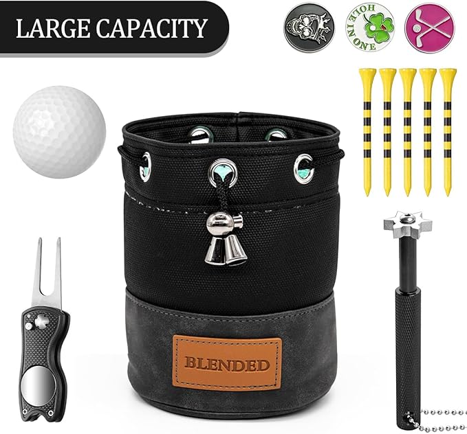 Golf Valuables Pouch,Bucket Waist Design Golf Pouch Bag with Drawstrings Golf Tee Bag Pouch Leather for Men Women Black