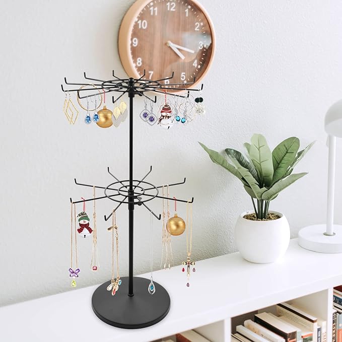 Dual Adjustable (Total Height & Tier Heighs) CounterTop Spinner Display Stand, Heavy Duty 2-Tiers, Black