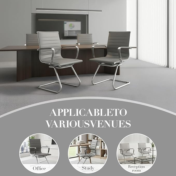 CIMOTA Waiting Room Chairs Set of 6 Leather Office Guest Chair Mid Back Reception Chairs with Sled Base for Meeting/Patient/Conference Room, Grey, 6PCS