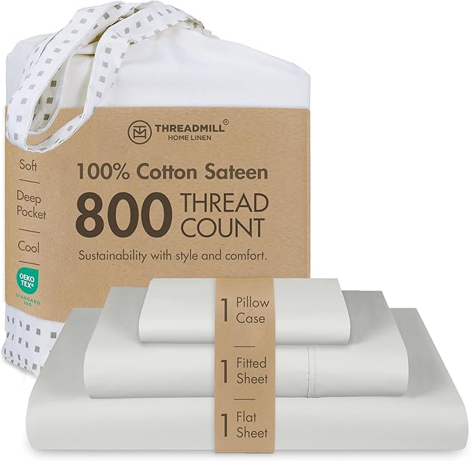 Threadmill Luxury 800 Thread Count Twin 100% Cotton Sheets - Light Grey Sateen Weave Bed-Sheets, Better Than Egyptian Cotton,3 Pc Solid Soft Bedding Set, Fits 15" Deep Pocket