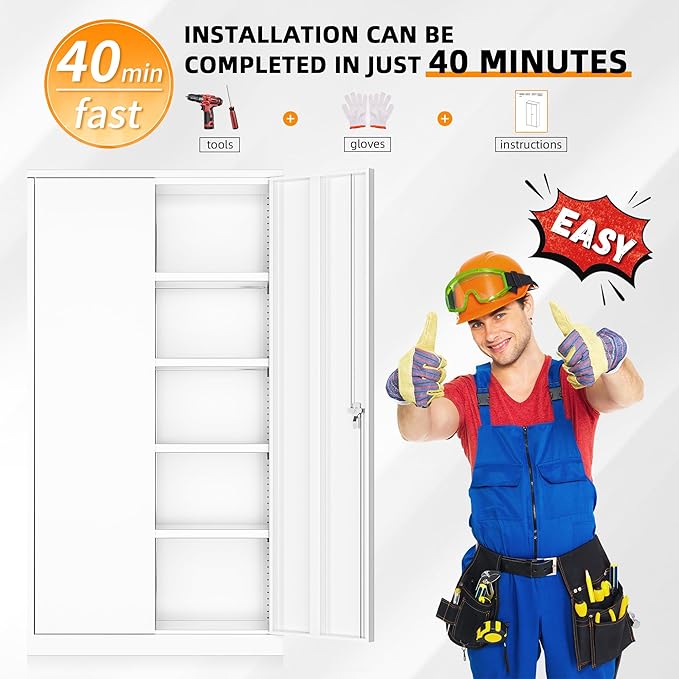 INTERGREAT White Metal Storage Cabinet Doors, 72" Locking Steel Storage Cabinet with Shelves, Tall Metal Cabinet Lockable Steel Cabinets for Home Office