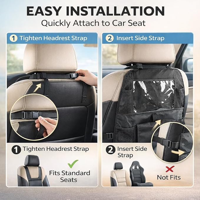 Car Backseat Organizer with 12" Touch Screen Tablet Holder, 600D Waterproof Kick Mats Back Seat Protector, Travel Storage Accessories for Kids Toddlers Road Trip Essentials, Black