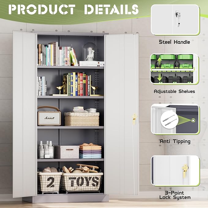 SUNCROWN 72" Metal Storage Cabinet - Heavy-Duty Metal Garage Cabinet with 4 Adjustable Shelves & 2 Doors for Tools, Office, Home, Workshop,Grey & White