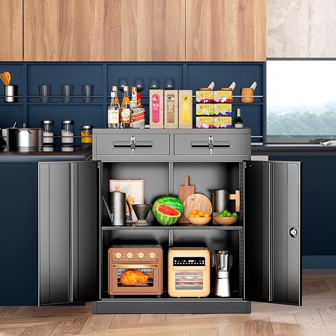 INTERGREAT Metal Garage Storage Cabinets with Lock,Steel Storage Cabinet with 2 Doors and 2 Adjustable Shelves, Small Lockable Office Steel Cabinet for Home, Warehouse, School(Black)