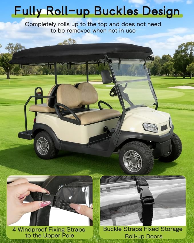 Golf Cart Enclosure 4 Passenger for Club Car Tempo Onward Extended Roof 88" 4-Seater 600D Waterproof Transparent Driving Rain Cover with 4-Sided Clear Windows Roll-up Door Black