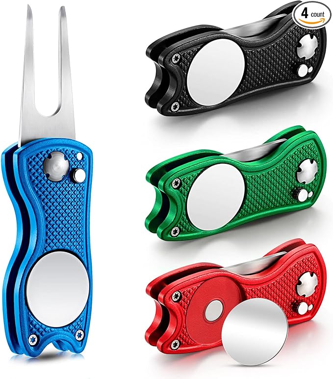 Skylety 4 Pcs Golf Divot Repair Tool Metal Foldable Golf Divot Tool with Magnetic Pop-up Button Ball Marker Stainless Steel Switchblade for Golfers Prizes
