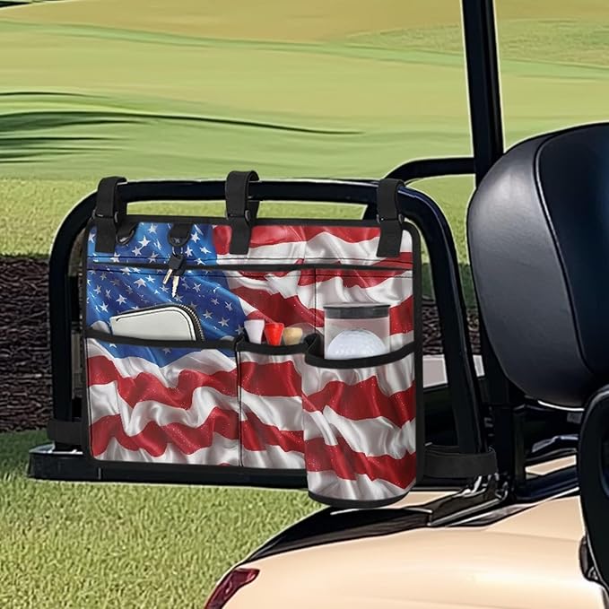 American Flag Golf Cart Bag, Golf Cart Rear Seat Organizer with Open Pockets for Golf Balls & Bottles