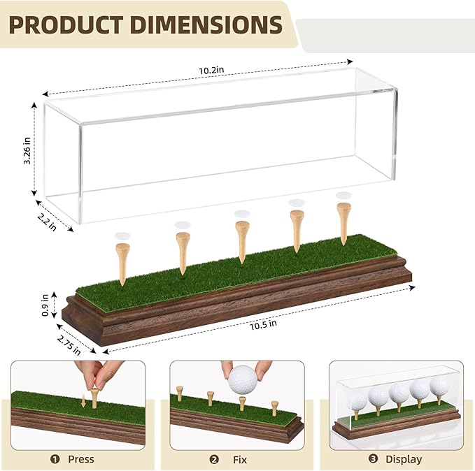 Golf Ball Display Case for 5 Golf Balls Holder Display Walnut Wood Base Acrylic Hole in One Golf Ball Case Display Uv Protection Golfball Stand Rack,Golf Office Decor Gifts for Men