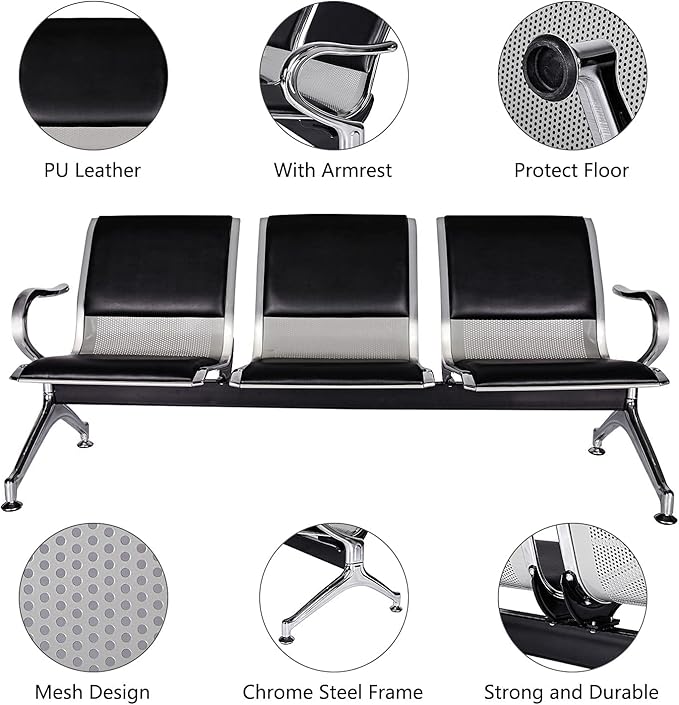 Waiting Room Chairs Guest Reception - 3-Seat Waiting Room Bench with Arms Airport Reception Bench Guest Reception Chairs PU Leather Office Chair for Airport Market Bank Hospital School, Black