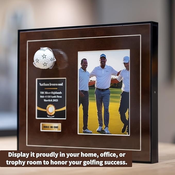 One-Shot Victory Golf Ball Display Frame – Acrylic Case with External Ball Mount, Custom Photo & Nameplate, Brown Suede Mat, Elegant Golf Keepsake Gift