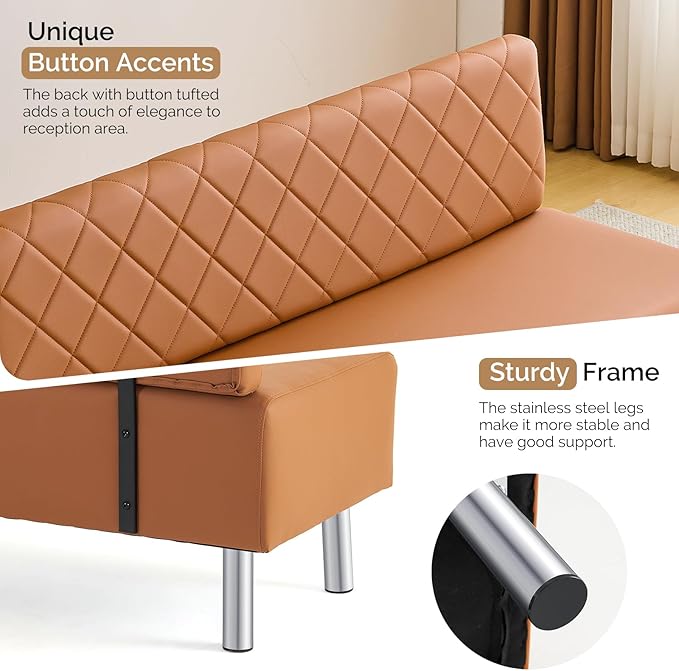 OmySalon Waiting Room Bench with Back, 58.6’’ Office Guest Chair Upholstered Reception Seating, Lobby Furniture for Beauty Salon Barbershop Airport Bank Hall Room Conference, Brown