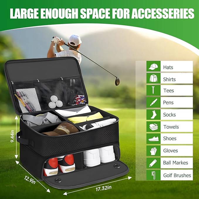 2 Layer Golf Trunk Organizer, Golf Gifts for Men with Separate Ventilated Compartment,Waterproof Car Trunk Locker for Balls, Tees, Clothes, Gloves, Accessories, Golfer Gifts