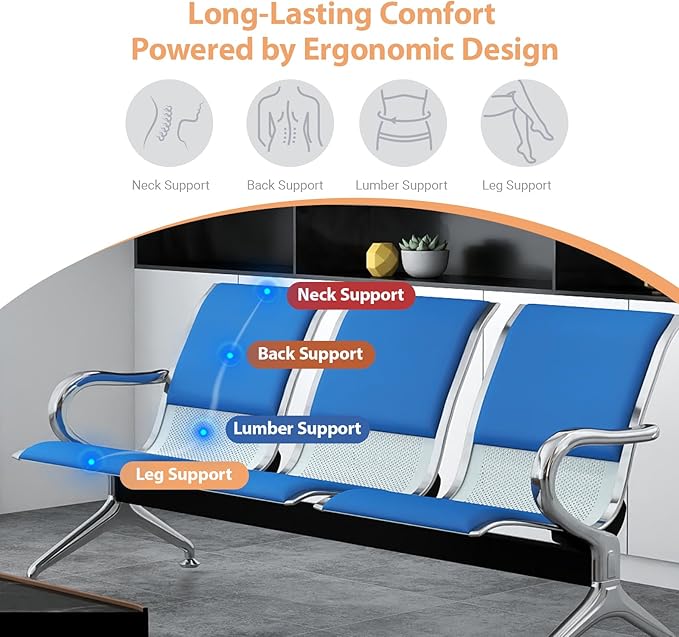 Kinfant 3-Seat PU Leather Waiting Room Bench – Blue Reception Chair for Office, Hospital, Bank, Salon, Airport