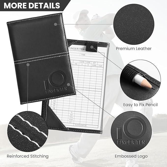 FINGER TEN Golf Scorecard Holder Leather Yardage Books Cover Lucky Clover with 2 Free Pencil Value Pack Deluxe Pocket Score Card Covers Gift for Men Women Golfer