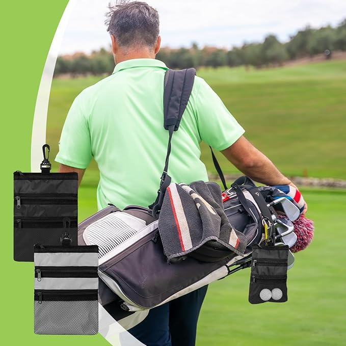 4 Pcs Golf Tee Holder 3 Zippered Golf Pouch Bag for Valuables Portable Ball Accessory Pouch for Men with Clip to Bag for More Storage, Easy Access, Black, Red, Blue, Gray