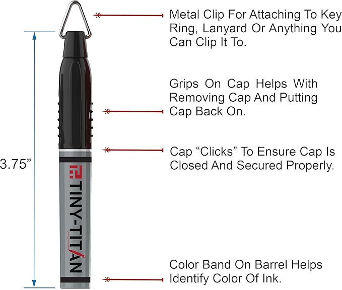Tiny-Titan Mini Markers, Permanent Ink, Keychain Clip, Greart For Marking Golf Balls, Clip On Nurse's Badge, Works On Plastic, Wood, Metal & Glass - Fine Point - BLACK Ink - 4 Pen Pack