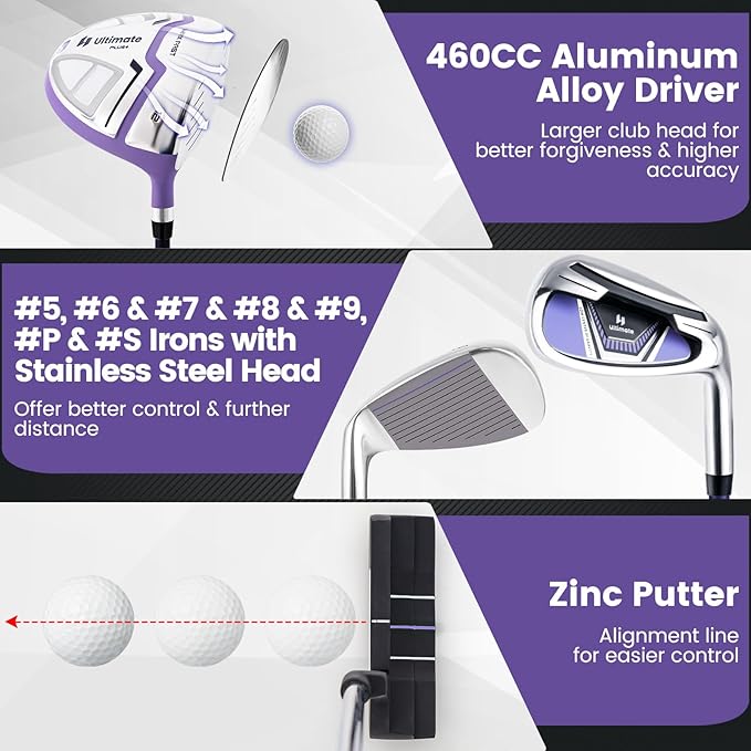 GYMAX Women Golf Clubs, 16PCS Right Handed Golf Set Includes Graphite 460CC Driver(1), Fairway (3), Hybrid (5) & Irons Size 5-SW, Putter & Stand Bag with Rain Hood, Complete Golf for Ladies