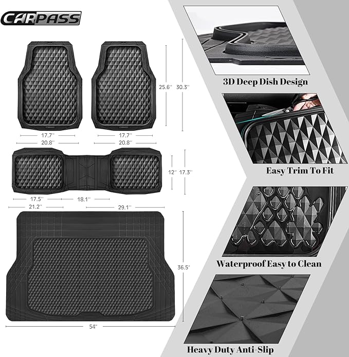 CAR PASS Heavy Duty Rubber Black Car Floor Mats & Cargo Liners, Deep Dish All-Weather Trunk Mats Durable Anti-Slip 3D Rhombus Waterproof Trim to Fit Liner Universal Fit Auto,Sedan,SUV,Truck, Black
