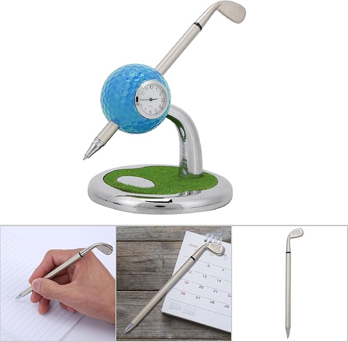 Golf Ball Pen Holder Stand with Pen and Clock, Golf Desktop Decor, Stainless Steel Golf Gift with Creative Green Base, Elegant Office Desk Accessory for Home and Workplace (Blue)