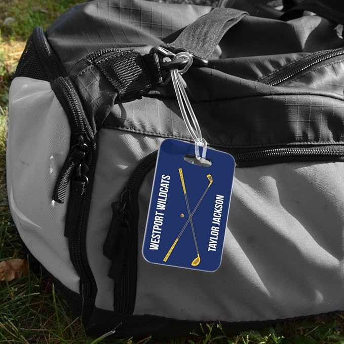 ChalkTalkSPORTS Golf Luggage & Bag Tag | Personalized Crossed Golf Clubs | Standard Lines on Back | Medium | Navy/Gold