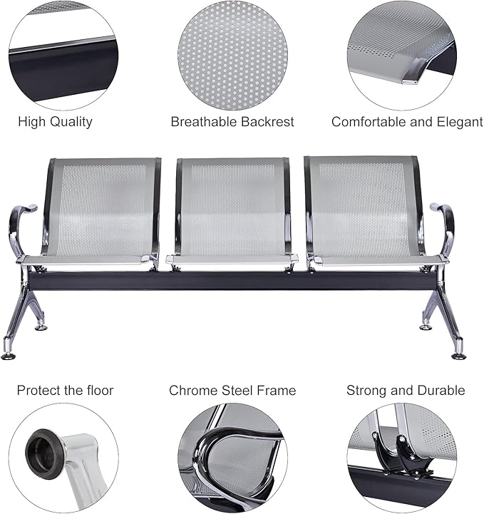 Kinfant Waiting Room Chair Bench - Guest Reception Chairs for Airport Hospital Bank Salon Barber Hall Room Conference (3-seat, Silver-Mesh)
