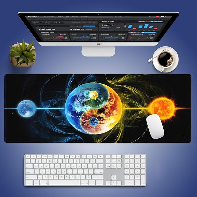 Wknoon. Extra Large Gaming & Office Mouse Pad (31.5" x 11.8") with Durable Stitched Edges – Abstract Yin Yang of Celestial Bodies Yellow Fire and Blue Ice Design, Anti-Slip Extended XXL Desk Mat
