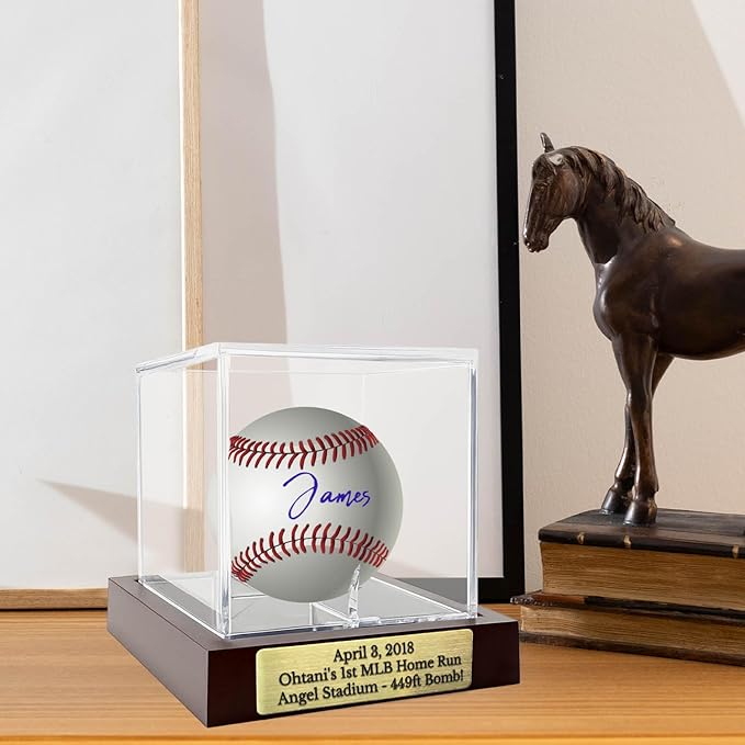 Custom Engraved Baseball Display Case - Personalized UV Protected Clear Acrylic Cube on Wooden Base with Metal Plate for Signed Baseballs and Memorabilia,Unique Gift for Baseball Collectors & Fans