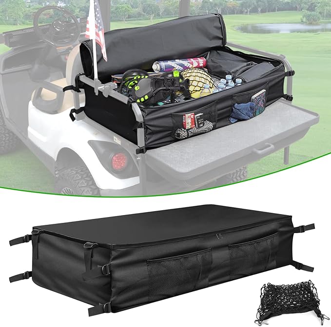 Golf Cart Rear Storage Bag for 4 Passenger EZGO, Club Car, Yamaha Golf Carts, 900D Water-Repellent No Drilling Grocery Shopping Cargo Box with Secure Net and Adjustable Straps for 2+2 Seat