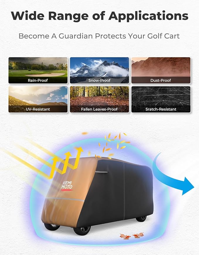 KEMIMOTO Golf Cart Cover, 2/2+2/4/4+2/6/6+2/8 Passenger Heavy Duty Golf Cart Rain Covers with Storage Bag Universal Compatible with EZGO Club Car