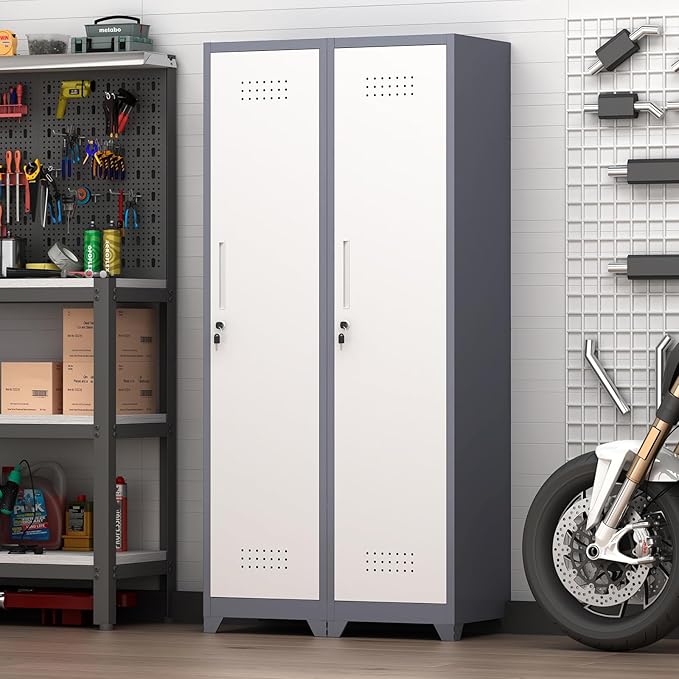 GREATMEET Slim Locking Metal Garage Storage Cabinet, 65" Lockable Utility Closet, Tall Steel Narrow Broom Closet Storage Cabinets with Door and Shelves for Laundry Room, Bathroom, White & Grey