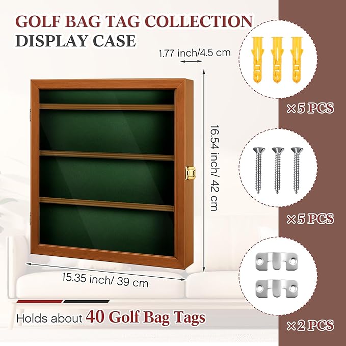 Golf Bag Tag Collection Display Case Holds 40 Bag Tags 16.54 x 15.35 x 1.77 Inch Wall Mount Wooden Shadow Box W/98% UV Acrylic Door Lockable Storage Display Box for Collection(Brown, Green)