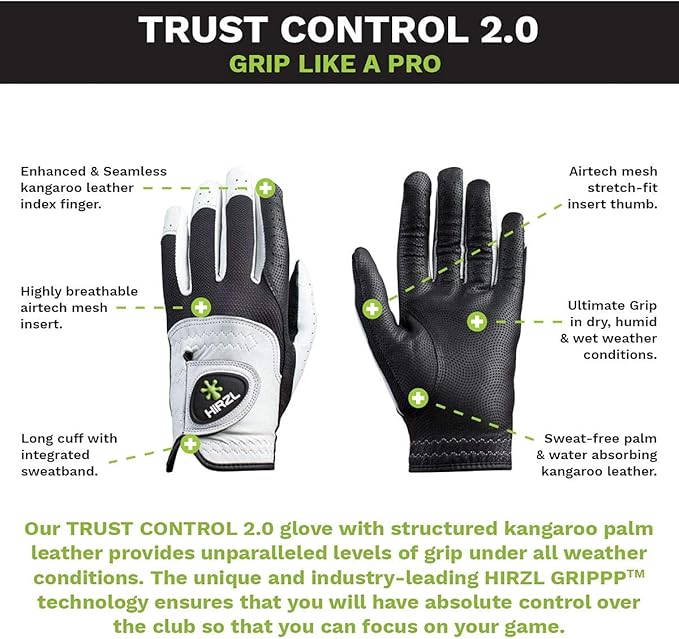 HIRZL Trust Hybrid – Men’s All Weather Golf Glove | Kangaroo Leather | Ultimate Grip and Ergonomic Fit, White/Black (Pack of 3)