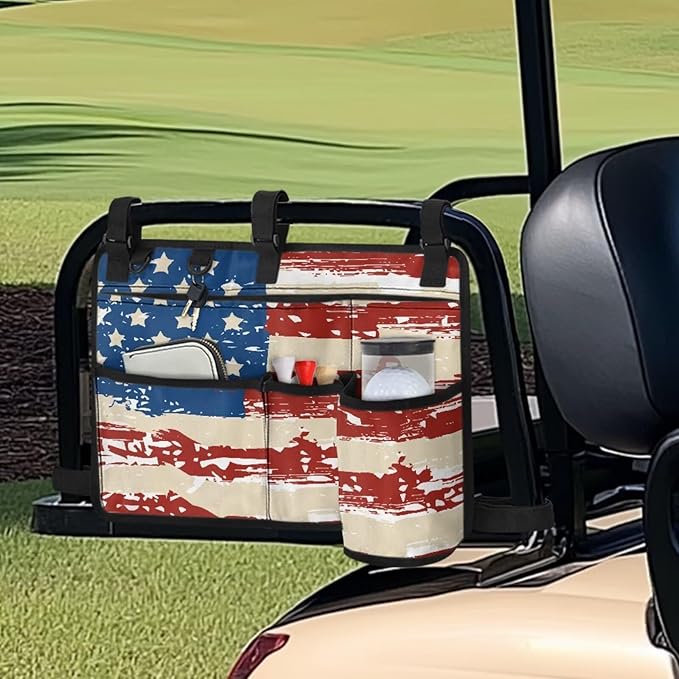 American Flag Golf Cart Bag, Golf Cart Rear Seat Organizer with Open Pockets for Golf Balls & Bottles
