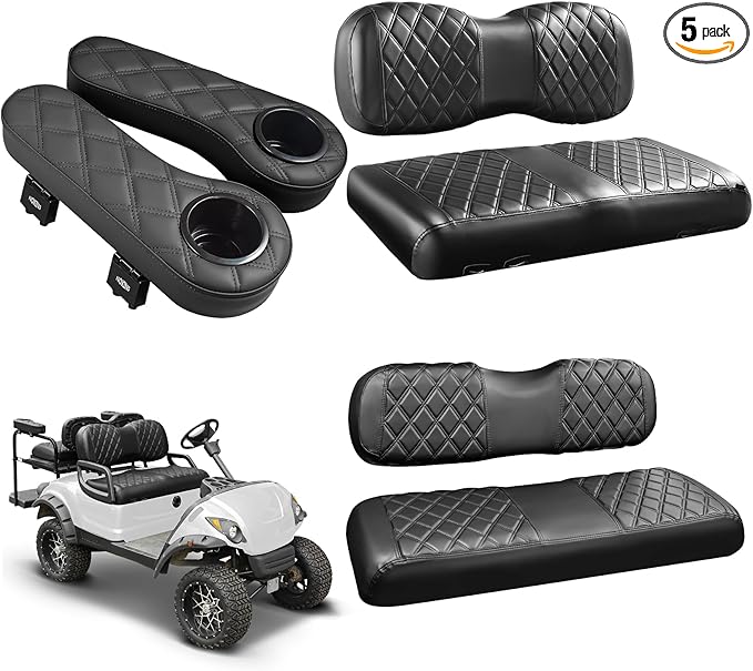 NOKINS Golf Cart Seat Covers for YAMAHA/G29/Drive2, Vinyl Front&Rear Seat Cover with Flip-Up Armrests kit, with Cup Holder, for 1" Square Tube (Black&Black Stitching)