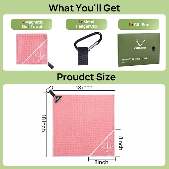 Magnetic Golf Towel for Bag 18" x 18" with Clip Exclusive Cleaning Pocket Microfiber Waffle Ultra Absorbent Club Ball Cleaner Essential Golf Accessories and Gifts for Women(Pink 1 Pack)