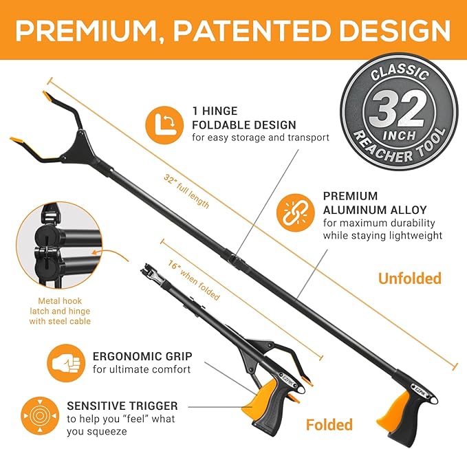 EZPIK Classic 32" Flexible Folding Grabber Tool for Elderly + Magnets, Reacher for Disabled & Seniors Heavy Duty Rotating Grippers for Reaching Underneath, Trash Grabbers & Pickers for Mobility 2-Pack