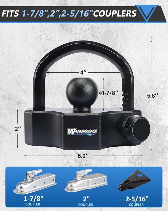 Trailer Lock Universal Trailer Hitch Locks, Adjustable Heavy-Duty Trailer Coupler Ball Lock Fit 1-7/8 Inch, 2 Inch, 2-5/16 Inch Couplers with 4 Keys Alike (Black,Pack of 2)