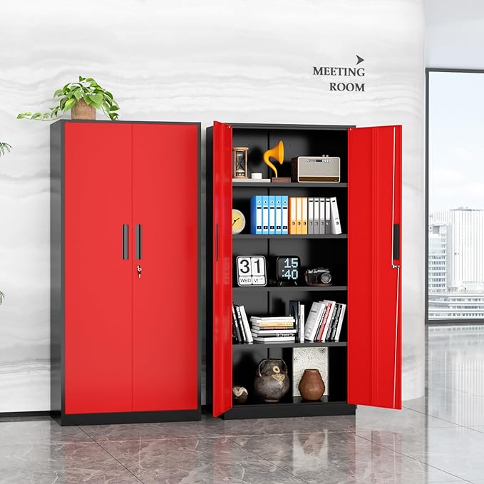 INTERGREAT Metal Storage Cabinet, 72" Locking Steel Cabinets with 2 Door and 4 Adjustable Shelves, Tall Metal Cabinet for Home Office, Garage, Warehouse,(Black+Red)
