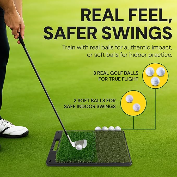 Golf Practice Net with Dual Mats, 3 Tees & 5 Balls – Golf Training Net for Indoor/Outdoor Swing Practice, Backyard Driving & Chipping Set, Portable Training Aid, Great Gift for Men