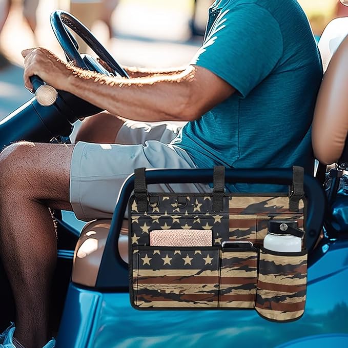 American Flag Golf Cart Bag, Golf Cart Rear Seat Organizer with Open Pockets for Golf Balls & Bottles