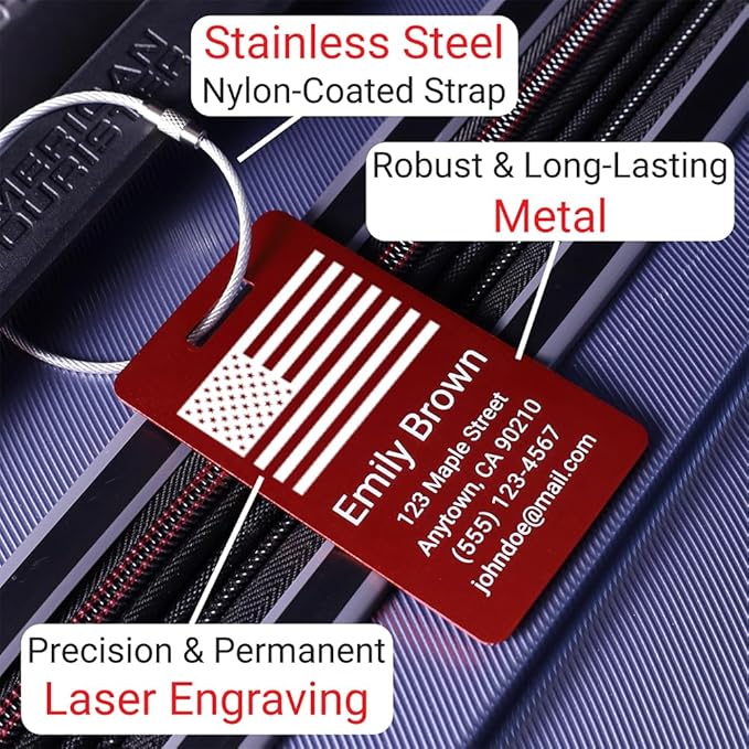 Personalized Luggage Tags for Suitcases 4 Pack – Custom Metal Name Tag for Travel, Golf Bag, and Baggage – Durable Aluminum Luggage Name Tags (Adventure Collection, Purple)