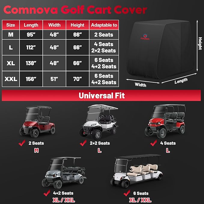 Comnova Golf Cart Cover 2 Passenger - 600D Waterproof Golf Carts Enclosure with Zipper, Windproof & UV Resistant, Outdoor Golf Cart Cover Universal Fit EZGO, Club Car, Yamaha up to 95"L x 48"W x 66"H