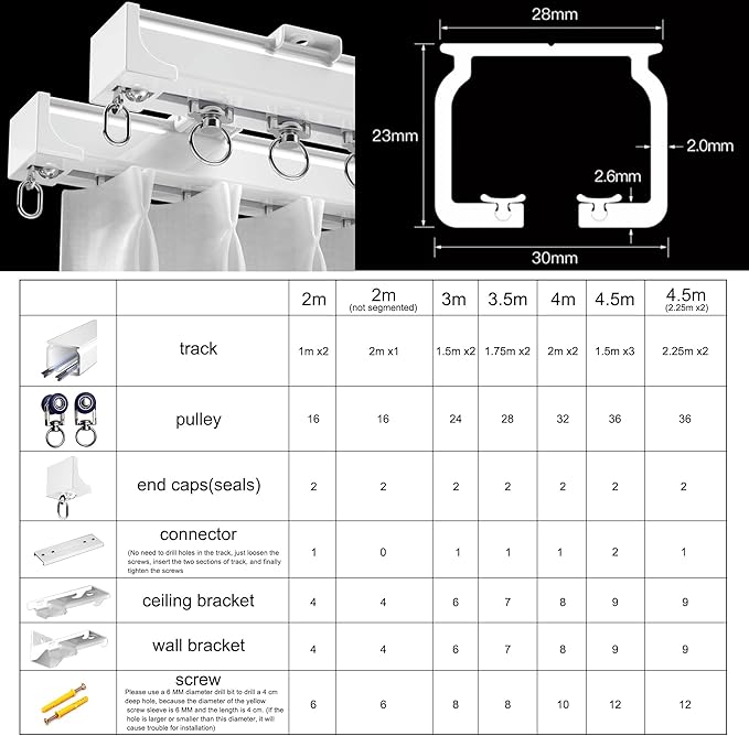 Ceiling Mounted Curtain Track - Rail for Drapes, Room Dividers - Sliding Curtain Rail for Living Room (White, 4.5m)