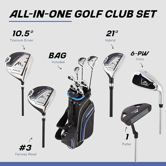 Precise M3 Men’s 14-Piece Golf Set – 460cc Driver, Wood, Hybrid, 6-PW Irons, Putter, Stand Bag, 3 Headcovers and Cover - RH