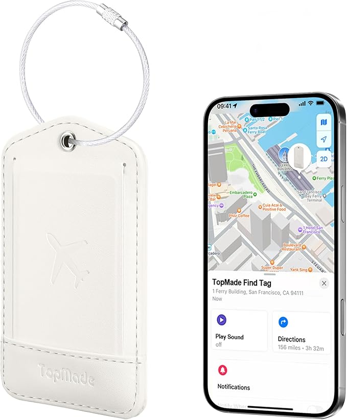TopMade Smart Luggage Tag with Find My, Premium Leather Luggage Tags for Suitcase, Travel Bags, Backpacks, Anti-Lost Suitcase Tag Tracker for Travel with Privacy Name Card, Rechargeable